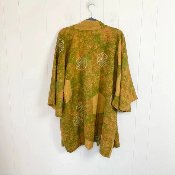 KIMONO jacket Haori VINTAGE TRADITIONAL JAPANESE Silk Green Yellow Batik Tie OS - Picture 14 of 16